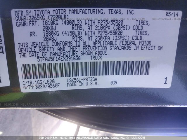 5TFAW5F14EX391636 - 2014 TOYOTA TUNDRA CREWMAX PLATINUM Grau Foto 9