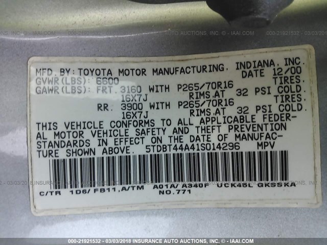 5TDBT44A41S014296 - 2001 TOYOTA SEQUOIA SR5 SILVER photo 9