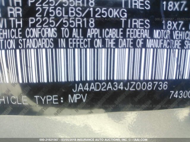 JA4AD2A34JZ008736 - 2018 MITSUBISHI OUTLANDER ES ვერცხლისფერი ფოტო 9