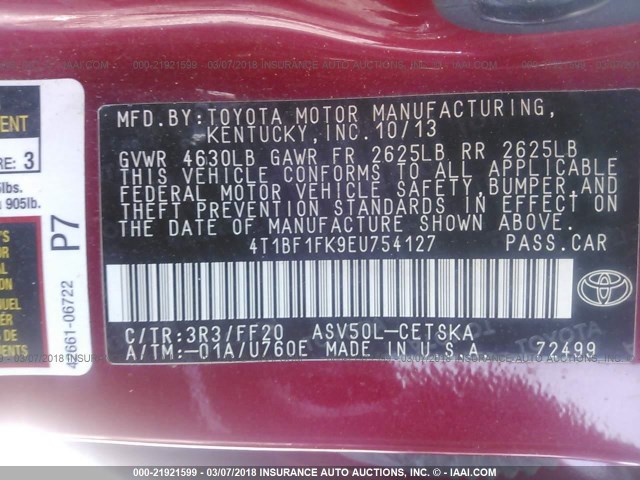 4T1BF1FK9EU754127 - 2014 TOYOTA CAMRY L/SE/LE/XLE RED photo 9