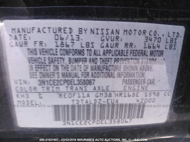 3N1CE2CP0EL358067 - 2014 NISSAN VERSA NOTE S/S PLUS/SV/SL BLACK photo 9