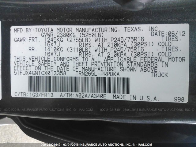 5TFJX4GN1CX013358 - 2012 TOYOTA TACOMA DOUBLE CAB GRAY photo 9