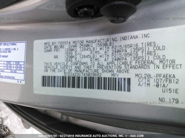 5TDZA23C74S029682 - 2004 TOYOTA SIENNA CE/LE SILVER photo 9