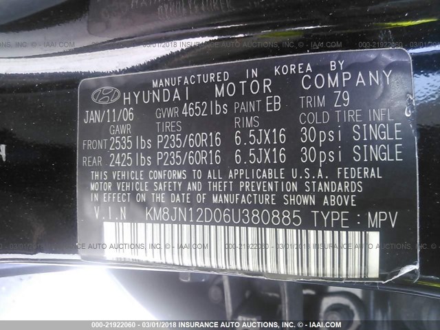 KM8JN12D06U380885 - 2006 HYUNDAI TUCSON GLS/LIMITED 黑色 照片 9