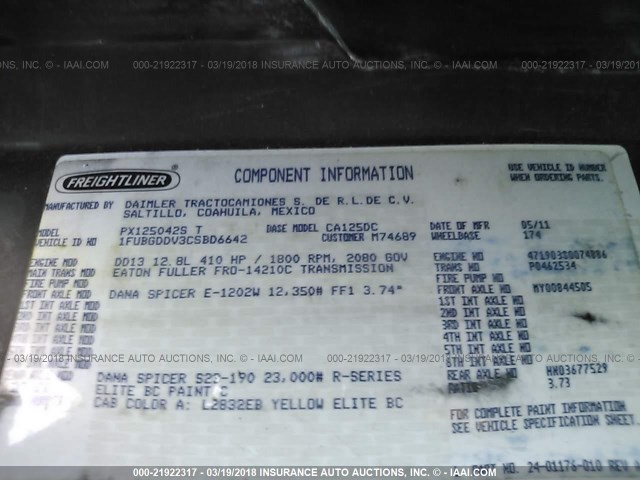 1FUBGDDV3CSBD6642 - 2012 FREIGHTLINER CASCADIA 125  YELLOW photo 10