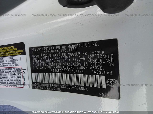 4T1CE30P97U757474 - 2007 TOYOTA CAMRY SOLARA SE/SLE WHITE photo 9