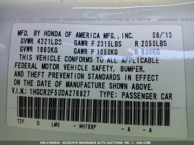 1HGCR2F50DA276827 - 2013 HONDA ACCORD SPORT 白色 照片 9