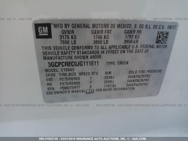 3GCPCREC9JG111611 - 2018 CHEVROLET SILVERADO C1500 LT Weiß Foto 9