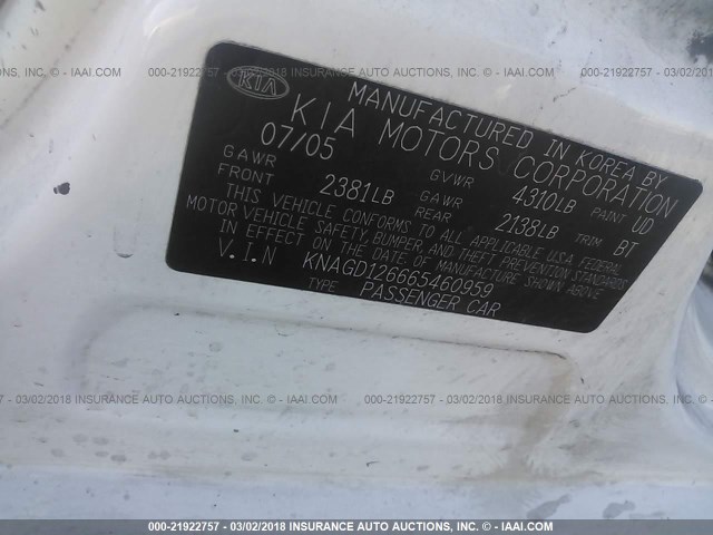 KNAGD126665460959 - 2006 KIA OPTIMA LX/EX WHITE photo 9