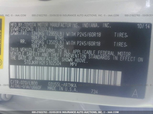 5TDJKRFH2FS102504 - 2015 TOYOTA HIGHLANDER XLE თეთრი ფოტო 9