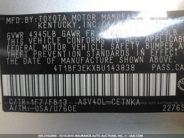 4T1BF3EKXBU143838 - 2011 TOYOTA CAMRY SE/LE/XLE SILVER photo 9