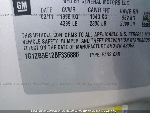 1G1ZB5E12BF336886 - 2011 CHEVROLET MALIBU LS კრემისფერი ფოტო 9