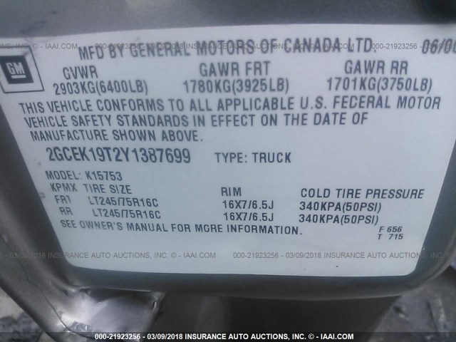 2GCEK19T2Y1387699 - 2000 CHEVROLET SILVERADO K1500 GRAY photo 9