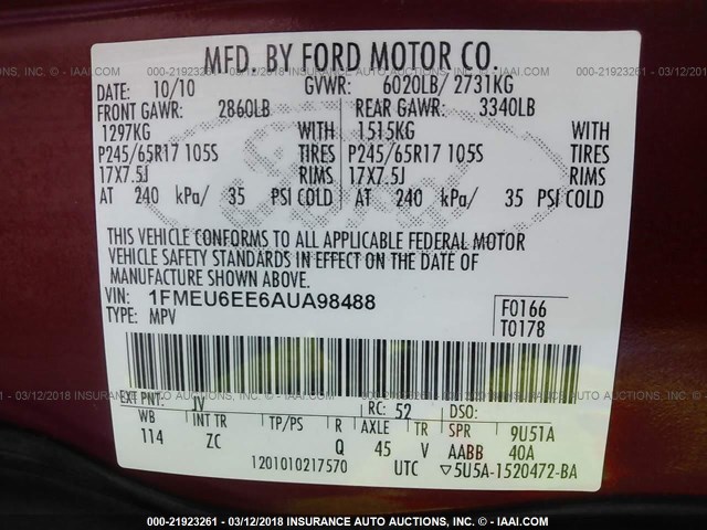 1FMEU6EE6AUA98488 - 2010 FORD EXPLORER EDDIE BAUER RED photo 9