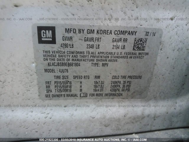 KL4CJBSB9EB681804 - 2014 BUICK ENCORE CONVENIENCE 银色 照片 9