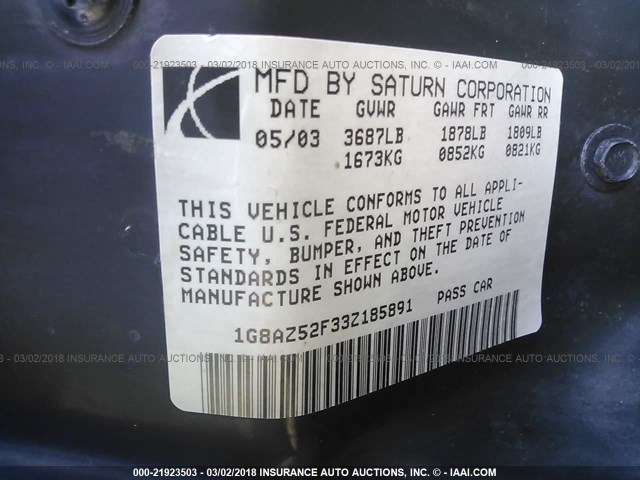 1G8AZ52F33Z185891 - 2003 SATURN ION LEVEL 2 SILVER photo 9
