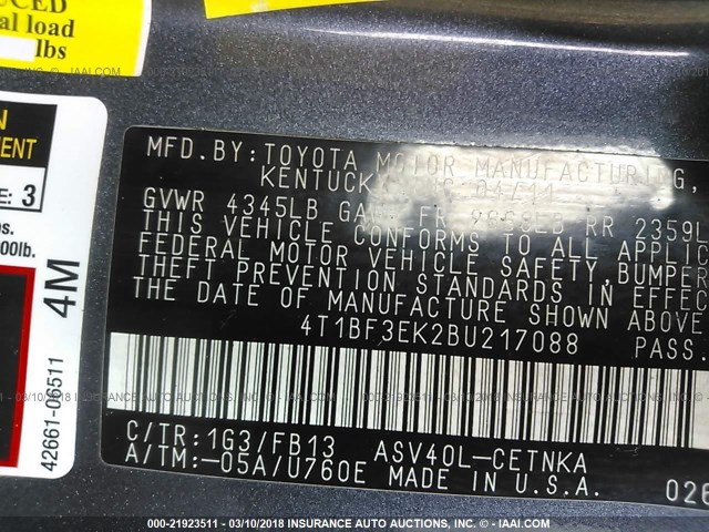 4T1BF3EK2BU217088 - 2011 TOYOTA CAMRY SE/LE/XLE GRAY photo 9