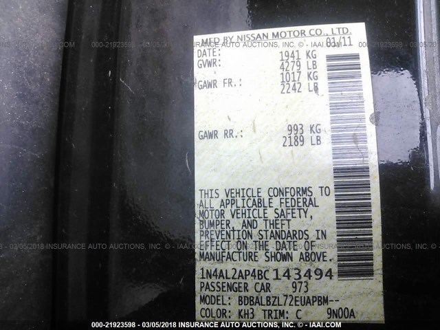 1N4AL2AP4BC143494 - 2011 NISSAN ALTIMA S 黑色 照片 9