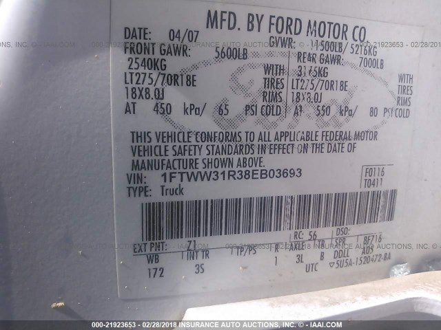 1FTWW31R38EB03693 - 2008 FORD F350 SRW SUPER DUTY WHITE photo 10