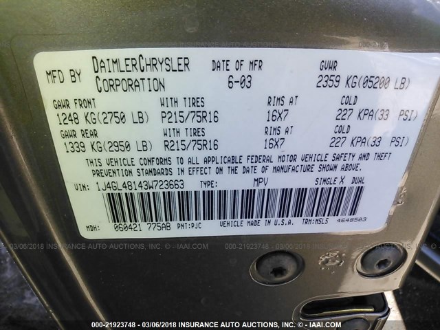 1J4GL48143W723663 - 2003 JEEP LIBERTY SPORT/FREEDOM შამპანური ფოტო 9