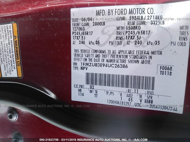 1FMZU83E94UC26386 - 2004 FORD EXPLORER XLT/XLT SPORT RED photo 9