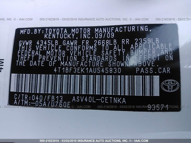 4T1BF3EK1AU545830 - 2010 TOYOTA CAMRY SE/LE/XLE WHITE photo 9