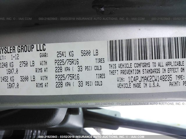 1C4PJMAK2CW148235 - 2012 JEEP LIBERTY SPORT 银色 照片 9