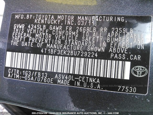 4T1BF3EK2BU729224 - 2011 TOYOTA CAMRY SE/LE/XLE GRAY photo 9