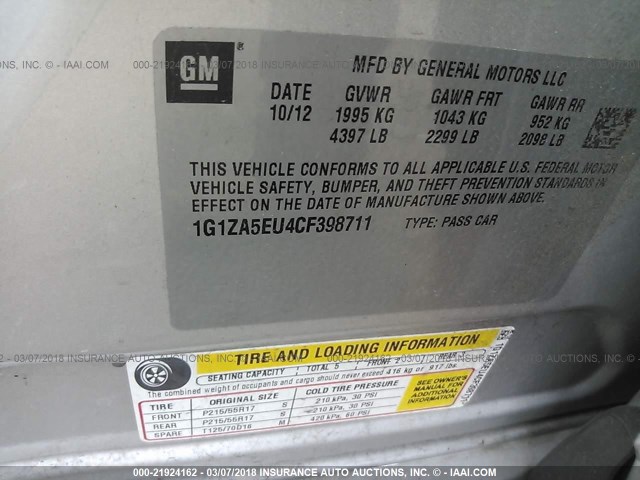 1G1ZA5EU4CF398711 - 2012 CHEVROLET MALIBU LS ვერცხლისფერი ფოტო 9