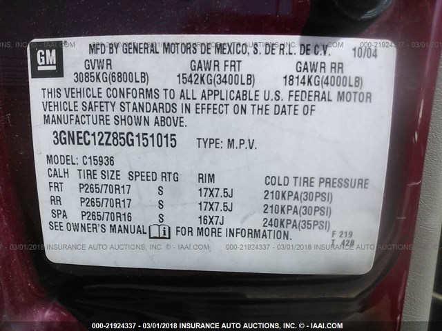 3GNEC12Z85G151015 - 2005 CHEVROLET AVALANCHE C1500 RED photo 9