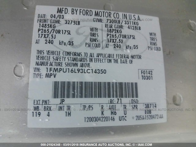 1FMPU16L93LC14350 - 2003 FORD EXPEDITION XLT SILVER photo 9