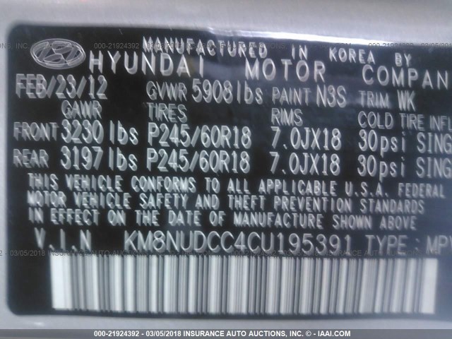 KM8NUDCC4CU195391 - 2012 HYUNDAI VERACRUZ GLS/LIMITED GRAY photo 9