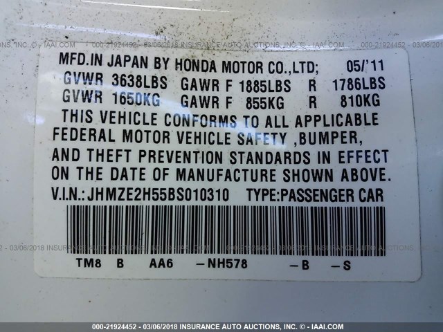 JHMZE2H55BS010310 - 2011 HONDA INSIGHT LX WHITE photo 9