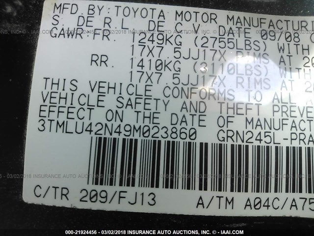 3TMLU42N49M023860 - 2009 TOYOTA TACOMA DOUBLE CAB შავი ფოტო 9
