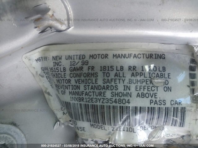 1NXBR12E3YZ354804 - 2000 TOYOTA COROLLA VE/CE/LE 银色 照片 9