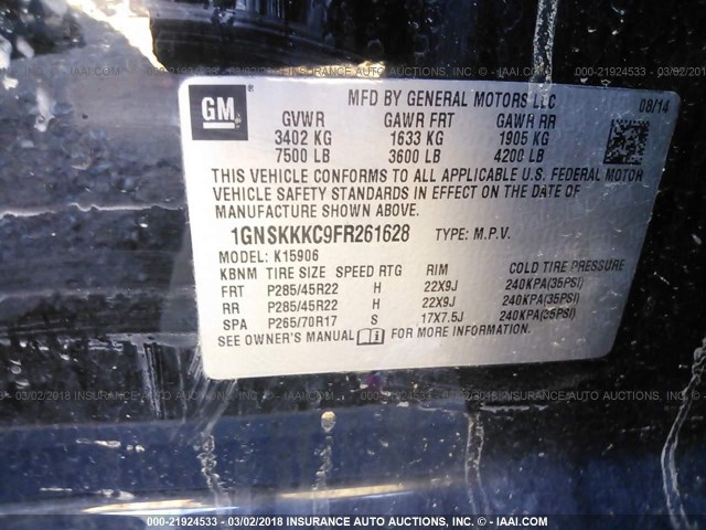 1GNSKKKC9FR261628 - 2015 CHEVROLET SUBURBAN K1500 LTZ BLACK photo 9