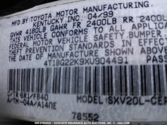 4T1BG22K9XU904491 - 1999 TOYOTA CAMRY CE/LE/XLE 绿色 照片 9