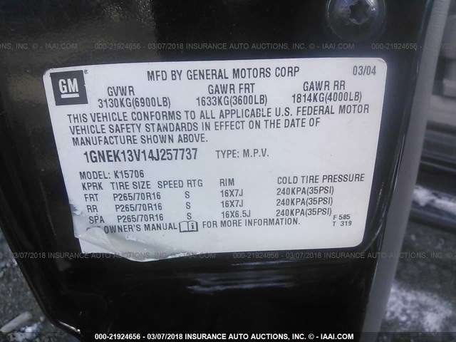 1GNEK13V14J257737 - 2004 CHEVROLET TAHOE K1500 BLACK photo 9