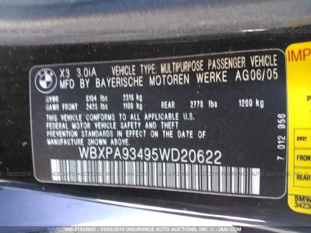 WBXPA93495WD20622 - 2005 BMW X3 3.0I BLACK photo 9