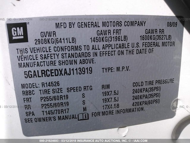 5GALRCEDXAJ113919 - 2010 BUICK ENCLAVE CXL 白色 照片 9