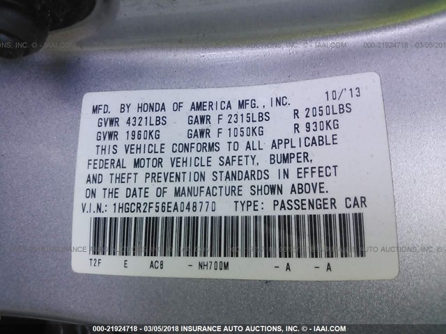 1HGCR2F56EA048770 - 2014 HONDA ACCORD SPORT SILVER photo 9