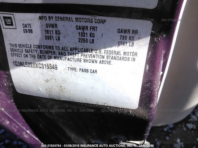 1G3NL52E8XC319349 - 1999 OLDSMOBILE ALERO GL PURPLE photo 9