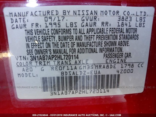 3N1AB7AP2HL720114 - 2017 NISSAN SENTRA S/SV/SR/SL RED photo 9