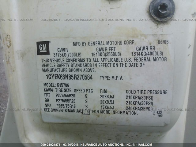 1GYEK63N85R270584 - 2005 CADILLAC ESCALADE LUXURY თეთრი ფოტო 9