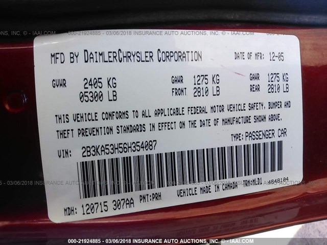 2B3KA53H56H354087 - 2006 DODGE CHARGER R/T RED photo 9