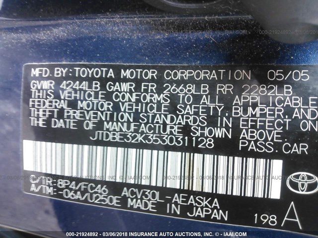 JTDBE32K353031128 - 2005 TOYOTA CAMRY LE/XLE/SE ლურჯი ფოტო 9