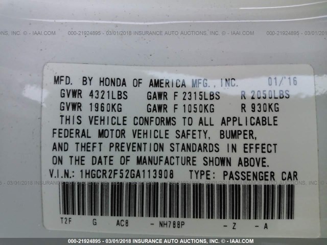 1HGCR2F52GA113908 - 2016 HONDA ACCORD SPORT 白色 照片 9