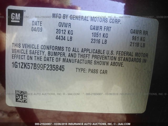 1G1ZK57B99F235845 - 2009 CHEVROLET MALIBU LTZ 栗色 照片 9