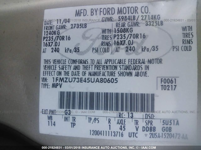 1FMZU73E45UA80605 - 2005 FORD EXPLORER XLT/XLT SPORT/NBX GOLD photo 9