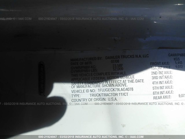 1FUJGECK79LAG4078 - 2009 FREIGHTLINER CASCADIA 125  Unknown photo 10